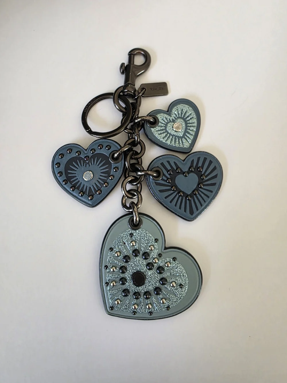 Coach Heart Motif Leather Bag Charm Key Fob Blue Studded Glitter Hard To Find